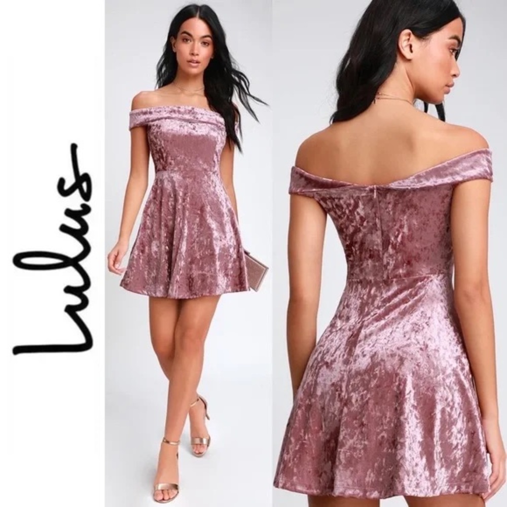 Lulus Mauve Off Shoulder Velvet Skater Dress